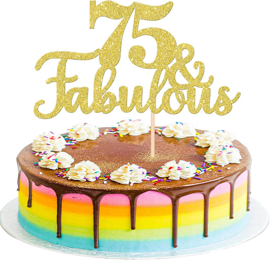 1 PCS 75 & Fabulous Cake Topper Gold Glitter 75th Birthday Anniversary Cake Pick Decoration for 75th Birthday Wedding Anniversary Party Decorations Happy 75th Birthday Cake Decorations Supplies
