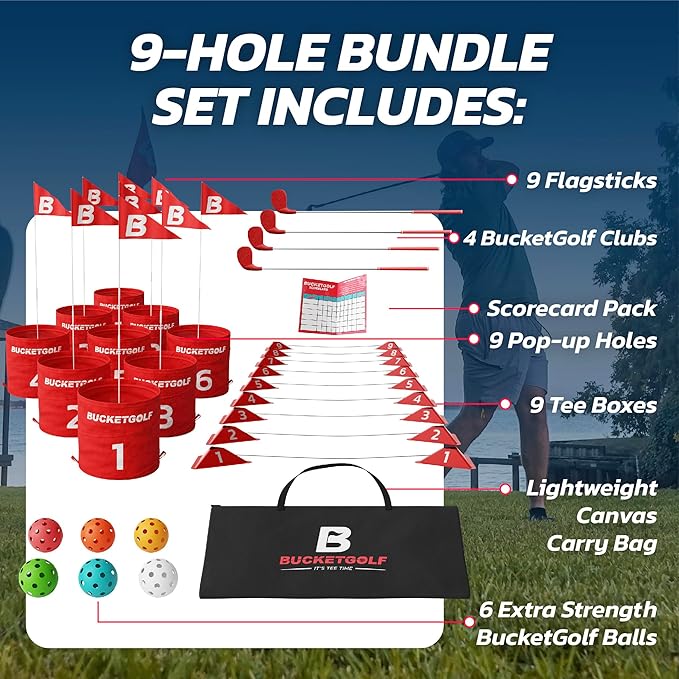 bucketgolf Game 9 Hole Bundle with Clubs - Outdoor Golf Game for All Ages Adults, Kids, Family. Play Golf Anywhere Yards, Beach, Park, Backyard Games. (4 Clubs (4 RH))