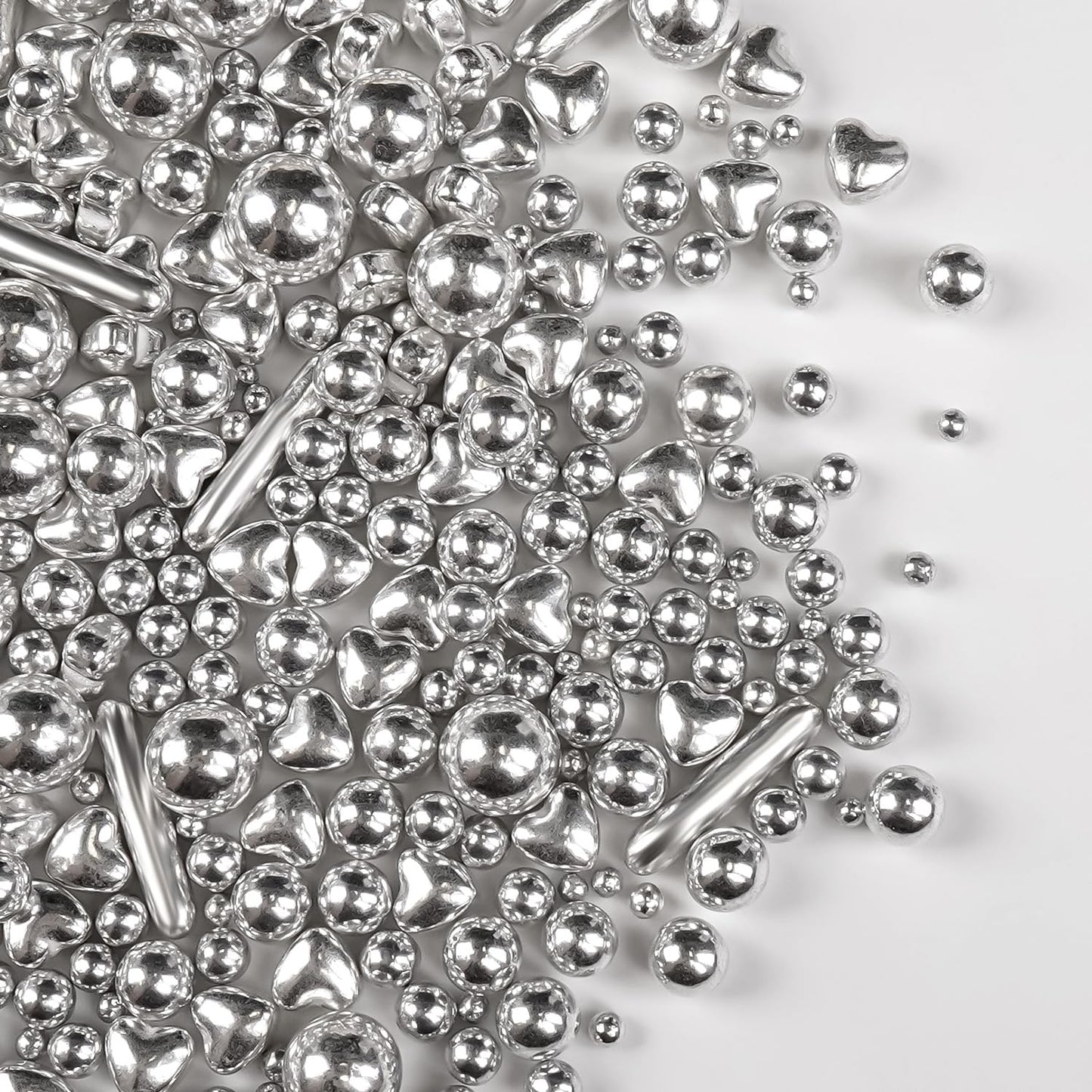 Silver Pearl Rods Heart Christmas Sprinkles, Baking Sugar, Silver Sprinkles for Cake, Mix Size, Cupcake Decoration, Holiday, Wedding Party Supplies, Foodgrade Decorating