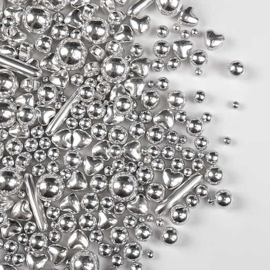 Silver Pearl Rods Heart Christmas Sprinkles, Baking Sugar, Silver Sprinkles for Cake, Mix Size, Cupcake Decoration, Holiday, Wedding Party Supplies, Foodgrade Decorating