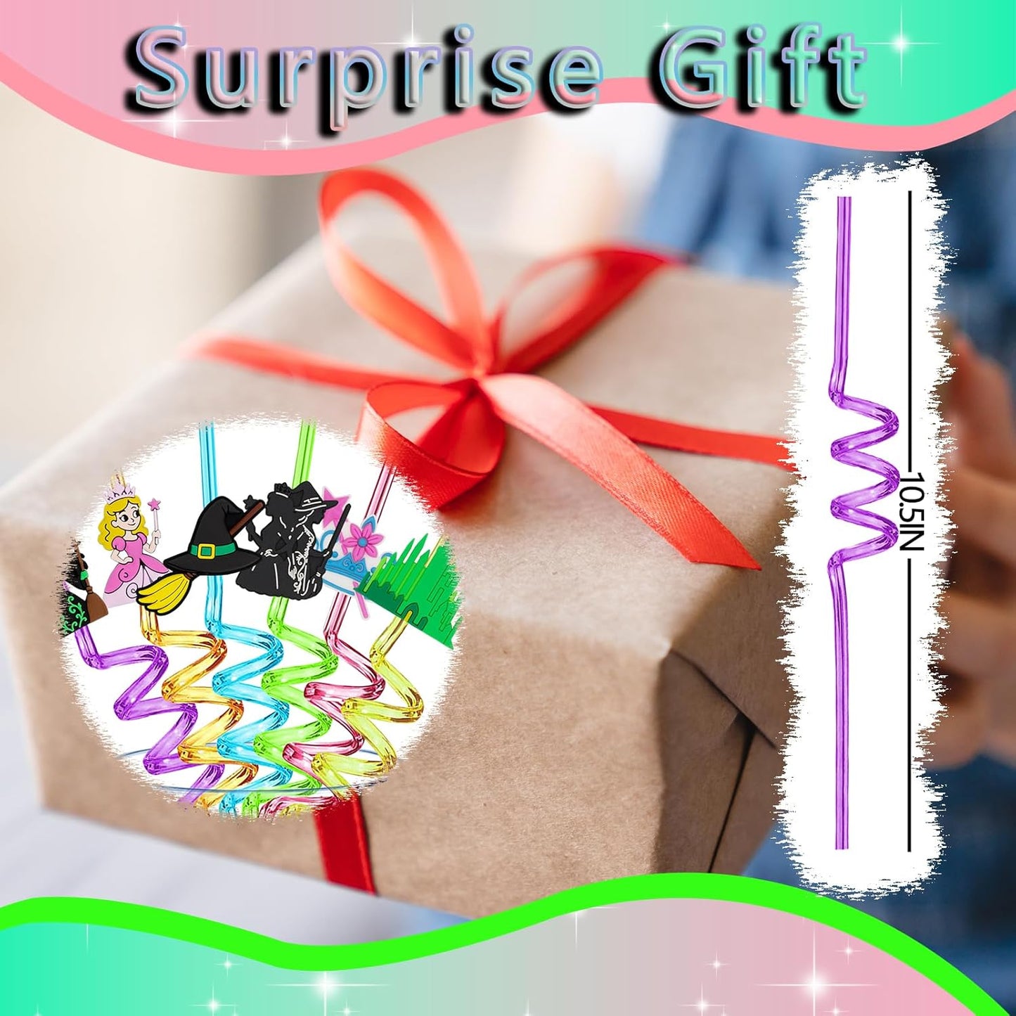 Witch and Princess Reusable Straws Wizard Birthday Party Decorations Fun Witch Straws Pink & Green Themed Party Decor Birthday Supplies with 2 Brushes
