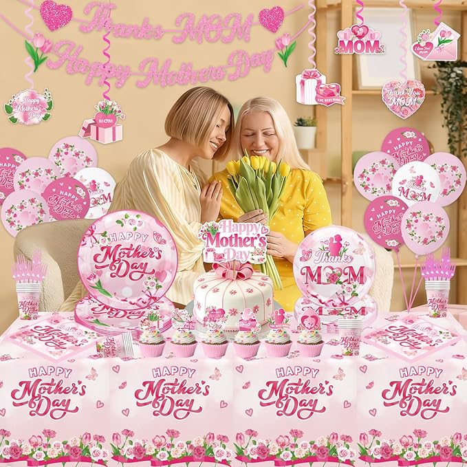 133Pcs Mothers Day Decorations, Happy Mothers Day Party Set with Plates, Napkins, Cups, Tablecloth, Banner, Balloons, Cake Topper, Cupcake Toppers for Mom Birthday Party, Serves 20 Guests