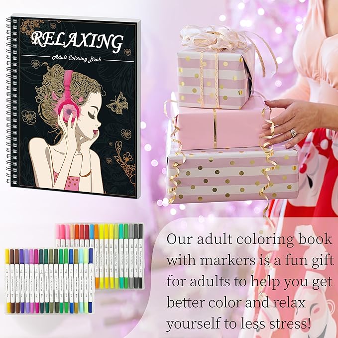 Kalysky Adults Coloring Books for Women Set - Relaxation Coloring Book and 36 Color Coloring Markers for Adults, Spiral Binding,Women's Freedom and Stress Relief