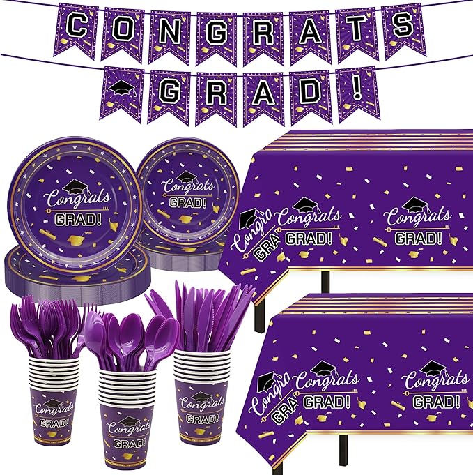 Graduation Decorations Class of 2026,147 PCS Purple and Gold Graduation Decorations,Disposable Congrats Grad Tableware Banner Graduation Plates Cups Tablecloth for Party Supply,School,College,Serve 24