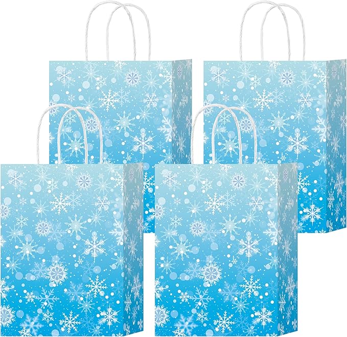 HongXingHai Christmas Gift Bags with Handles, 16 Pack Kraft Paper Bags with Snowflake Design, Reusable Holiday Party Favor Bags for Christmas, Winter Birthday, Wedding, Shopping, Small Gifts