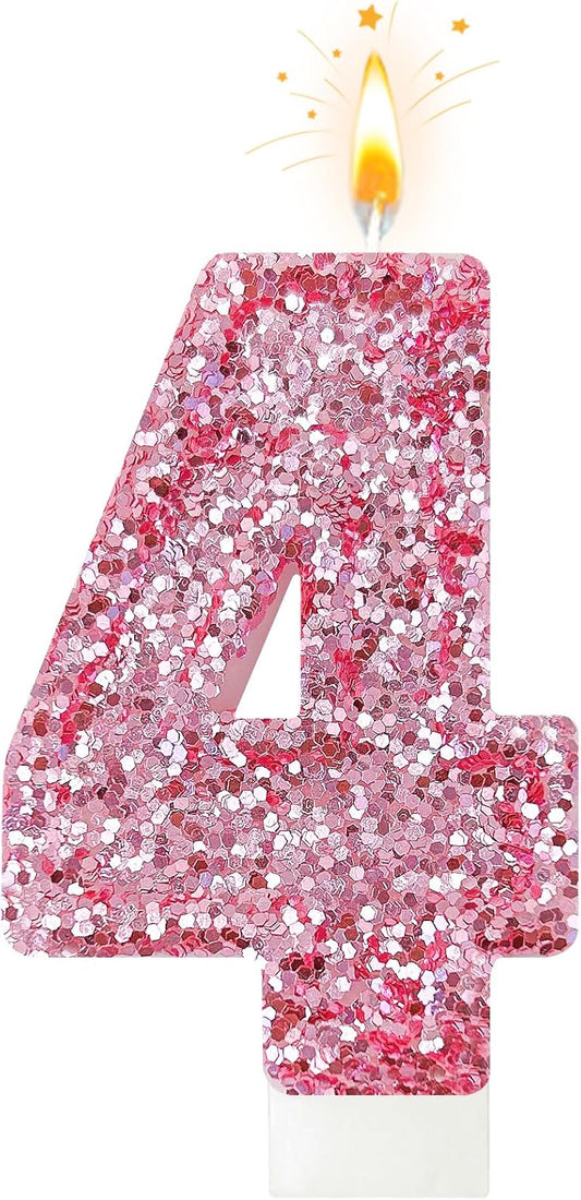 Birthday Number Candles, Glitter Number Candle Cake Decorations with Sequins, Cupcake Decorations for Girls, Women, Party Anniversary Celebrations (Number 4, Pink)