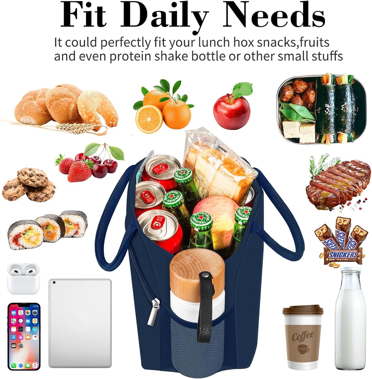 Coobiiya Lunch Bag for Men and Women - Navy Blue, Aluminum, 10.8" x 6.3" x 8.85" - Spacious, Lightweight, and Durable
