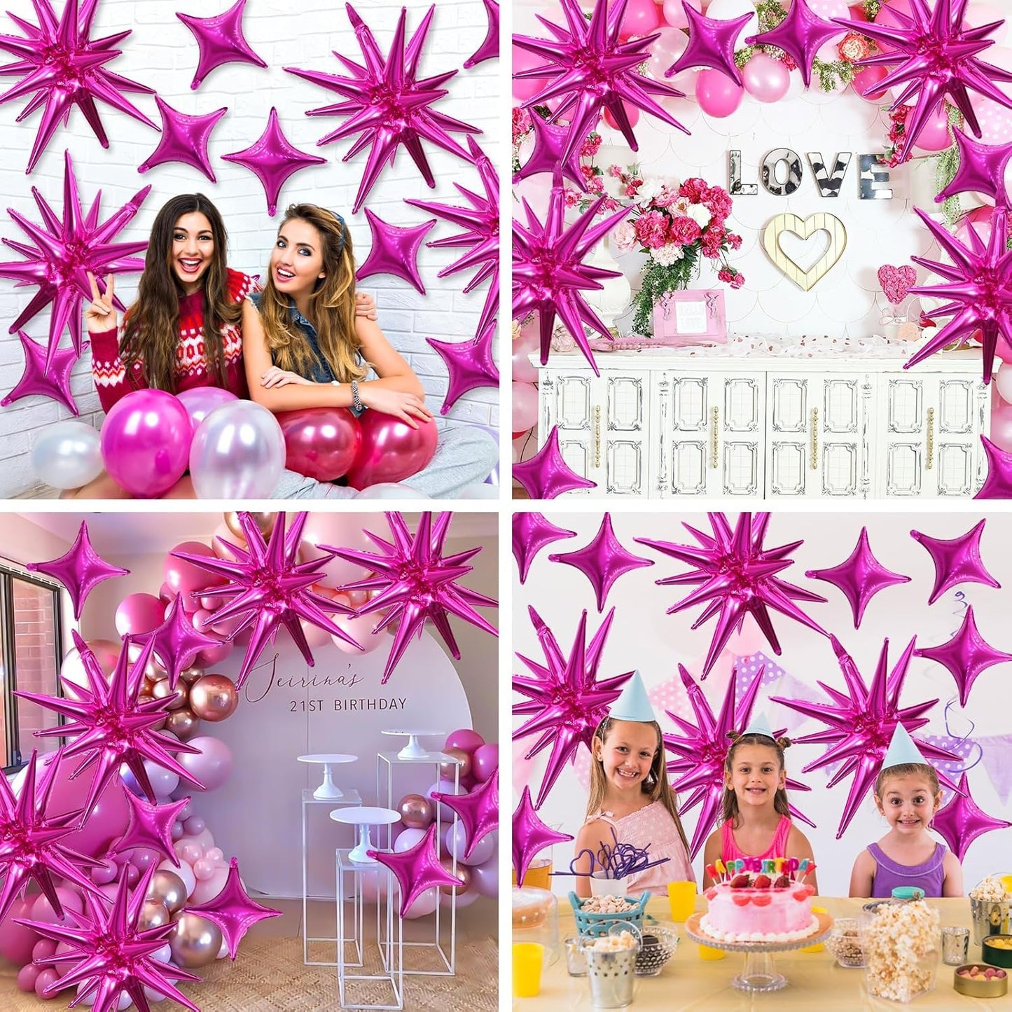 Hot Pink Star Balloon,Pink 6Pcs 22Inch Explosion Star Balloons and 10Pcs 10Inch Four Angle Balloons Kit for Girls Women Birthday Anniversary Baby Shower Wedding Party Decorations