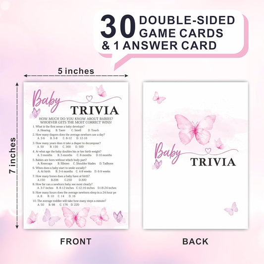 Baby Trivia Game Set for Baby Shower Activity, 30 Double-Sided Fill in Butterflies Game Cards with 1 Answer Card for Girls Boys, Gender Reveal Game，Baby Shower Party Favors & Decorations -A22