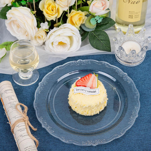 DaYammi 60PCS Clear Plastic Plates Heavy Duty Clear Disposable Plates 7.5” Fancy Dessert Plates Small Cake Plates Appetizer Platos Hard Round Plastic Platos Disposable for Wedding and Party
