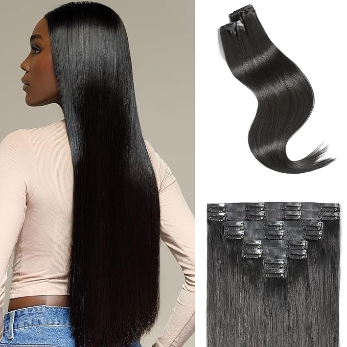 LUVME Clip in Hair Extensions Silky Straight, Seamless 2 Pack 7PCS 100g, 20 Inch Real Human Hair, Natural Black, Thick Volume for Women Daily Wear & Party
