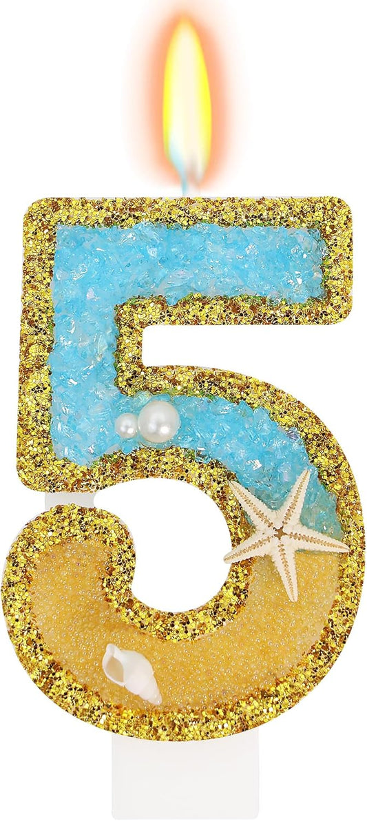 Ocean Number 5 Candle, Glitter Gold Beach Starfish Cake Topper, Tropical Ocean Princess Birthday Decorations for Party Supplies Wedding Anniversaries