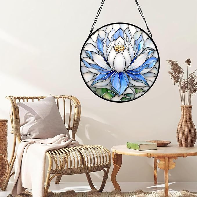 Stained Glass Window Hanging - Blue and White Lotus Petal Suncatcher for Doors Window Home Sun Catchers Decor Christmas Mother's Day July Birthday Gifts for Teacher Women Men Mom Nana 14.9 in