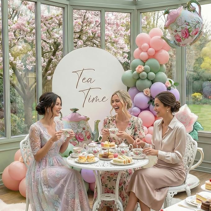 Tea Party Balloon Garland Kit 150Pcs – Pink Sage Green Pastel Purple Balloons with Teapot & Floral Foil – Garden Party Decorations, Baby Shower, Bridal Shower, High Tea, Let's Partea Decor