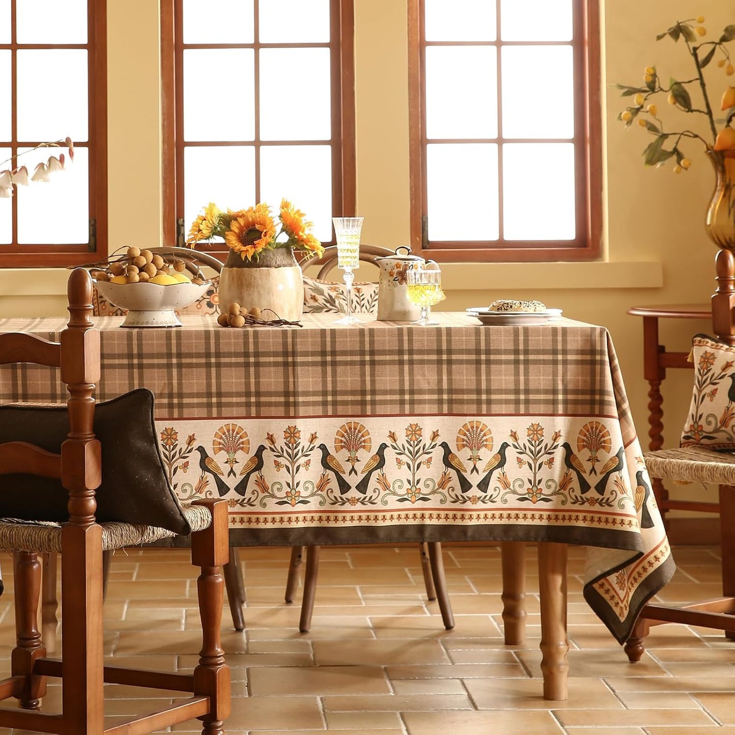 Vintage Brown Checkered Rectangle Tablecloth,Italian Floral Linen Wrinkle Resistant Table Cloth,Decor Table Cover for Kitchen,Dining,Thanksgiving,Christmas,Tea Party,55"*79"-Seville