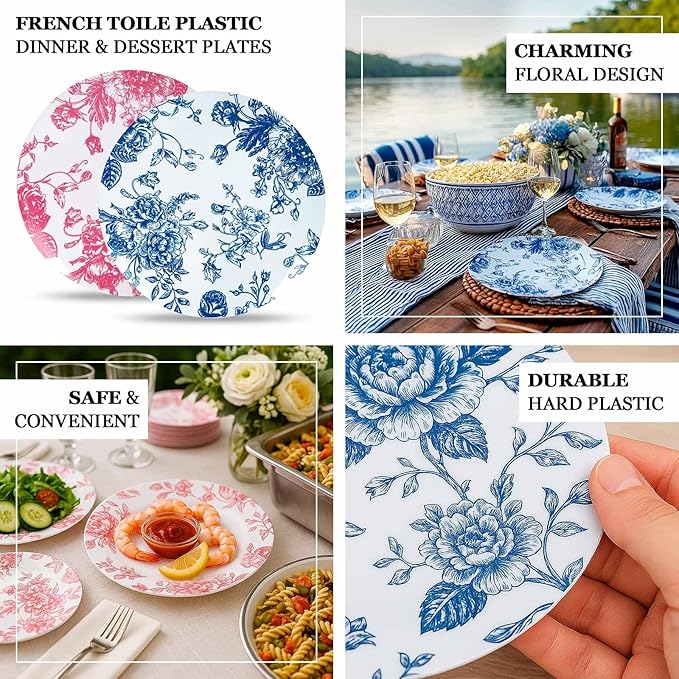Efavormart 10-Pack French Toile Plastic Dinner Plates – Blue & White Floral, 10" Round Disposable Party Plates