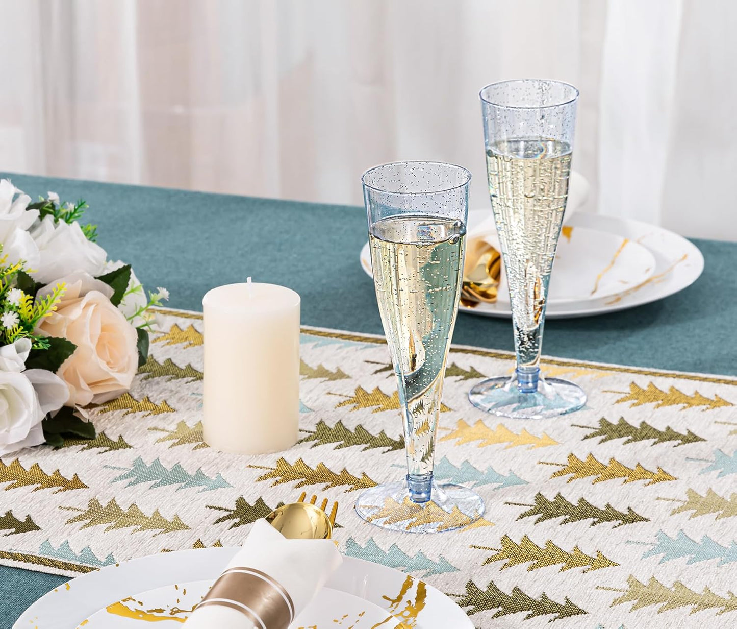 JOLLY CHEF 100 Pack Plastic Champagne Flutes Disposable 4.5 oz Blue Glitter Plastic Champagne Glasses Suitable for Wedding, Thanksgiving Day, Christmas