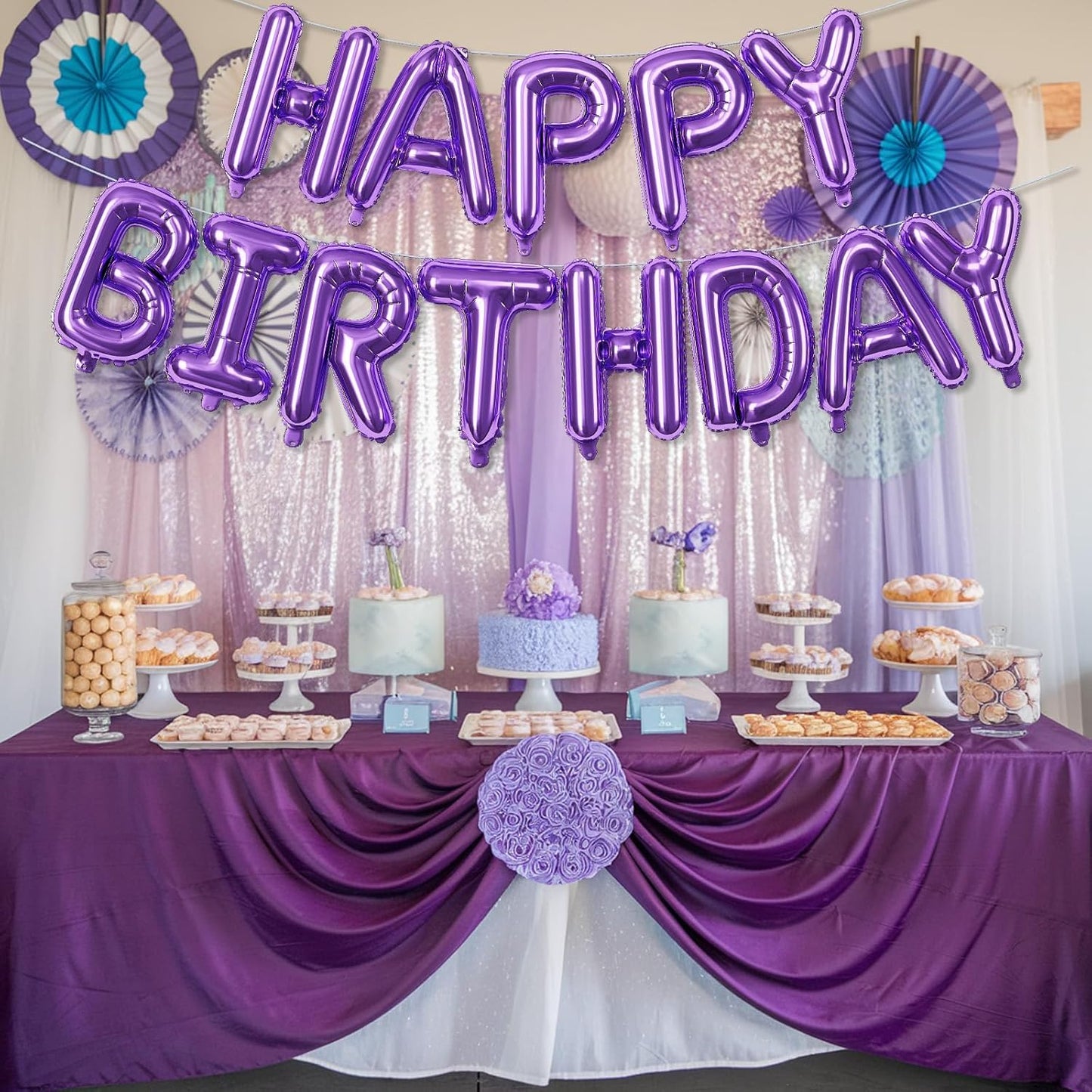Purple Happy Birthday Balloon Banner, 16 Inch Lilac Happy Birthday Bunting Banner with Letter Foil Balloons for Girl Women Princess Galaxy Magic Witch Glam Theme Birthday Party Decorations Supplies