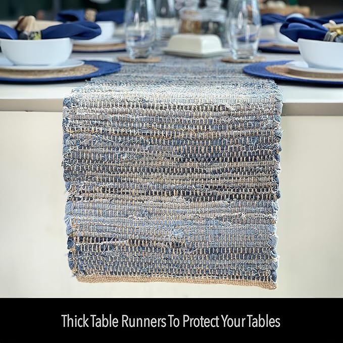 Chardin Home 14x72 Inch Handcrafted Table Runner – Natural Jute and Denim Chindi – Rustic Boho Farmhouse Table Decor – Sustainable Dining Table Accent for Everyday or Special Occasions
