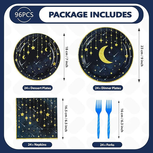 Grencian Gold Star Moon Party Supplies - 96Pcs Moon and Stars Party Supplies Plates and Napkins Navy Blue Celestial Hanging Crescent Disposable Tableware for Celestial Birthday Decorations Serve 24