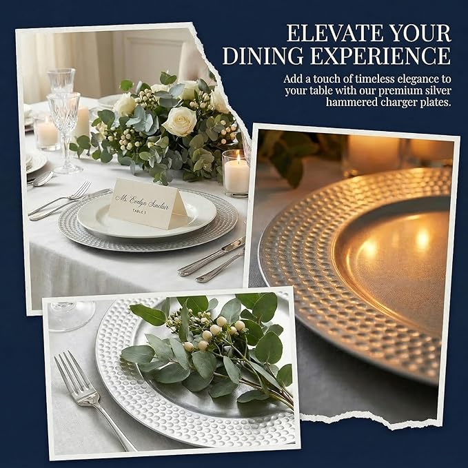 Nicunom Silver Charger Plates Set of 12, Round Charger Plates with Hammered Rim, 13 Inch Plastic Charger Plate for Wedding Dinner Party Event Decoration