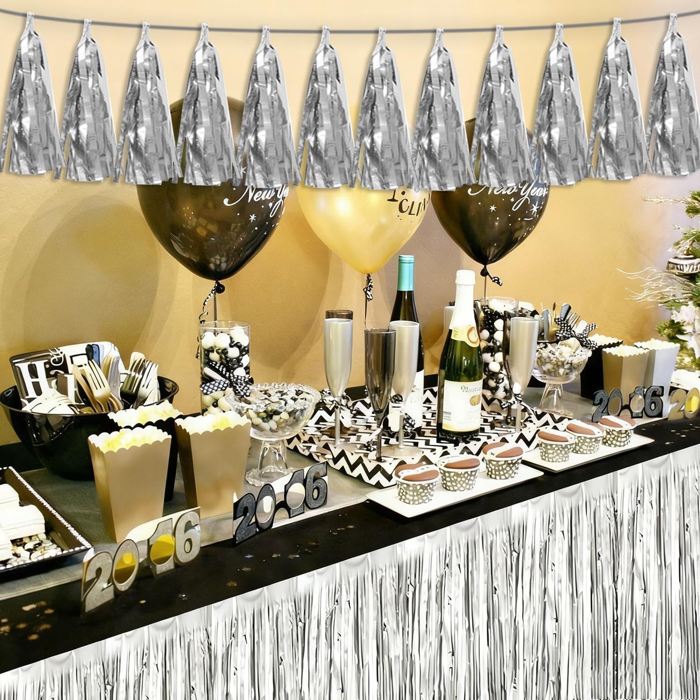 3P Silver Tassel Banner Garland Metallic Foil Fringe Banner Tinsel Tassels Streamer Banner Backdrop for Parade Floats, 2025 Graduation Decorations, Christmas, Wedding Party Decoration