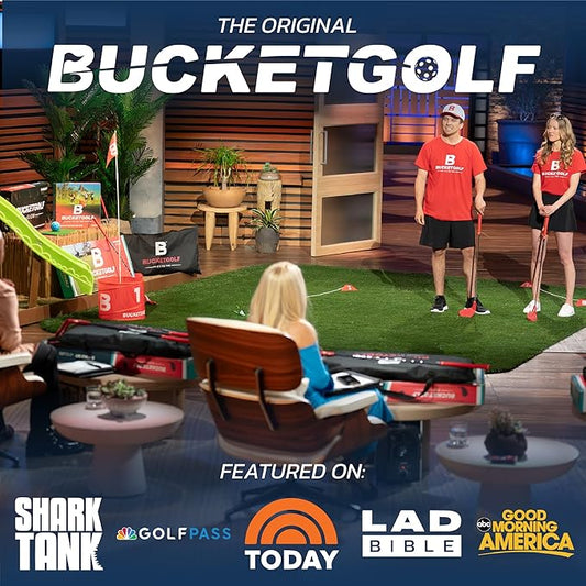 bucketgolf 9 Hole Bundle - Outdoor Golf Game for All Ages. Adults, Kids, Family. Play Anywhere. Yards, Beach, Park, Backyard. Includes 2 Right-Handed Clubs