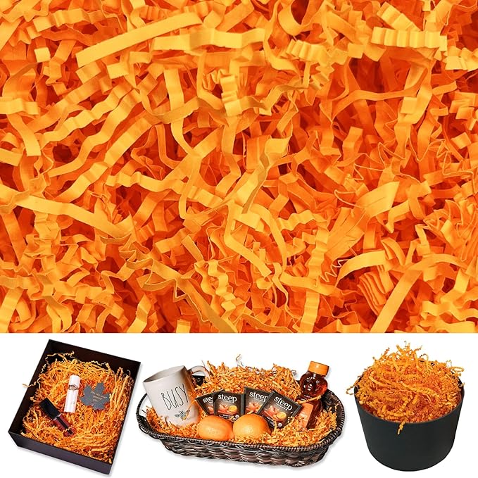 Fluorescent Orange Crinkle Cut Paper Shred Filler, 2 LB Basket Filler Shredded Paper, Confetti Stuffing for Basket Filling, Halloween, Thanksgiving, Christmas Gift Wrapping, Stuffer Party Supplies