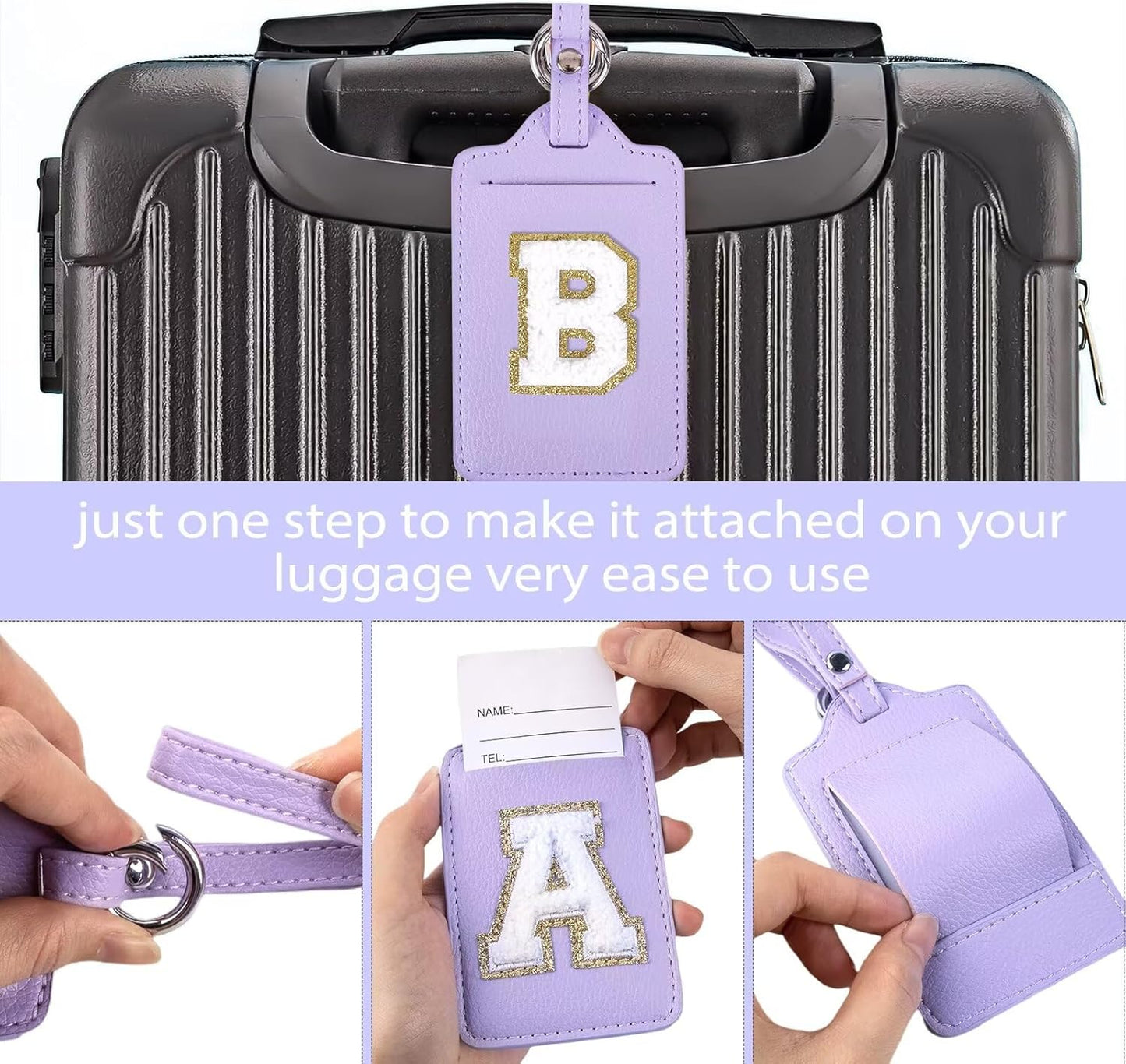 Personalized Initial Luggage Tags for Suitcases, Leather Chenille Letter Cute Luggage Tags with Privacy Name Card, Embroidered Travel Bag Backpack Tags Gifts for Women Kids Girls Teens(Purple-B)