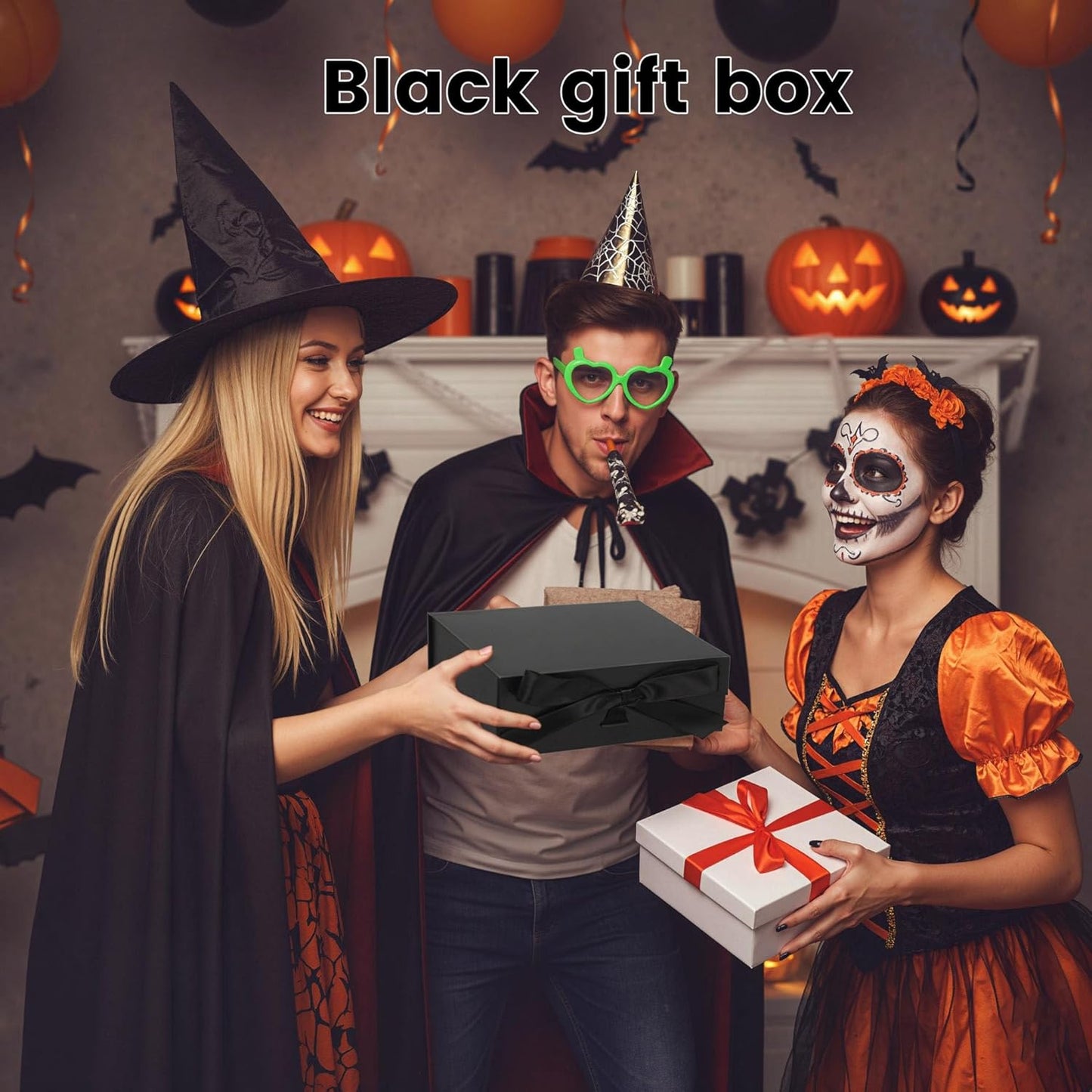 JOHOUSE Black Gift Box 10.5x7.5x3.1 Inches Gift Boxes with Lids for Presents Magnetic Closure Collapsible with Ribbon For men Groomsman Proposal Birthday Halloween Box