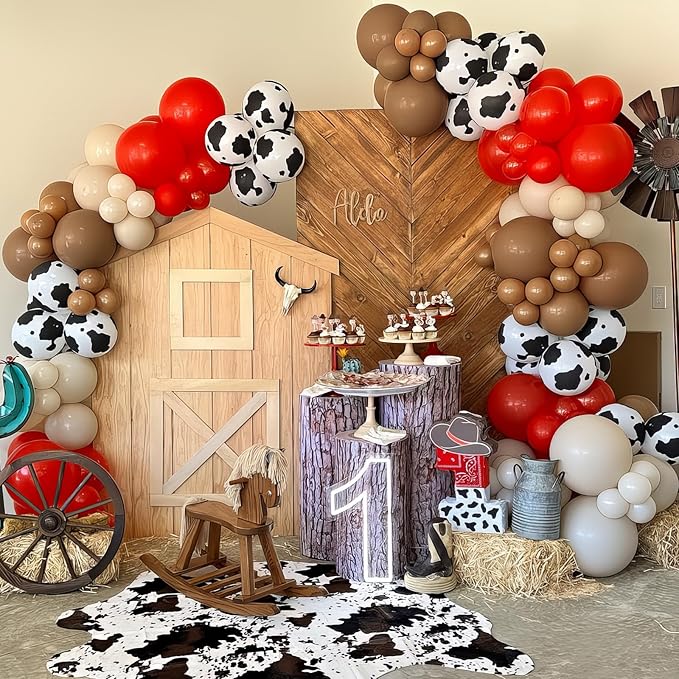 Western Cowgirl Balloons Rodeo 60 Pcs Red Dark Brown Tan Coffee Beige Nude White Party Balloon Cow Print Balloon for Boho Western Cow Farm Themed Bithday Highland Party Decor