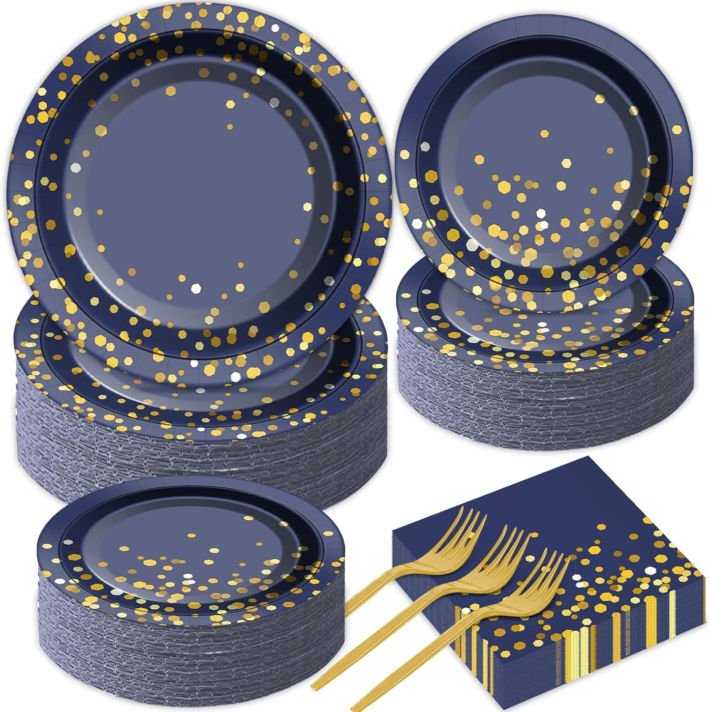 gisgfim 50 Guests Blue and Gold Party Supplies Tableware Set Gold Dot on Blue Paper Plates Napkins Disposable Paper Plates Graduation Table Decors for Men Women Happy Birthday Party Decorations 200PCS