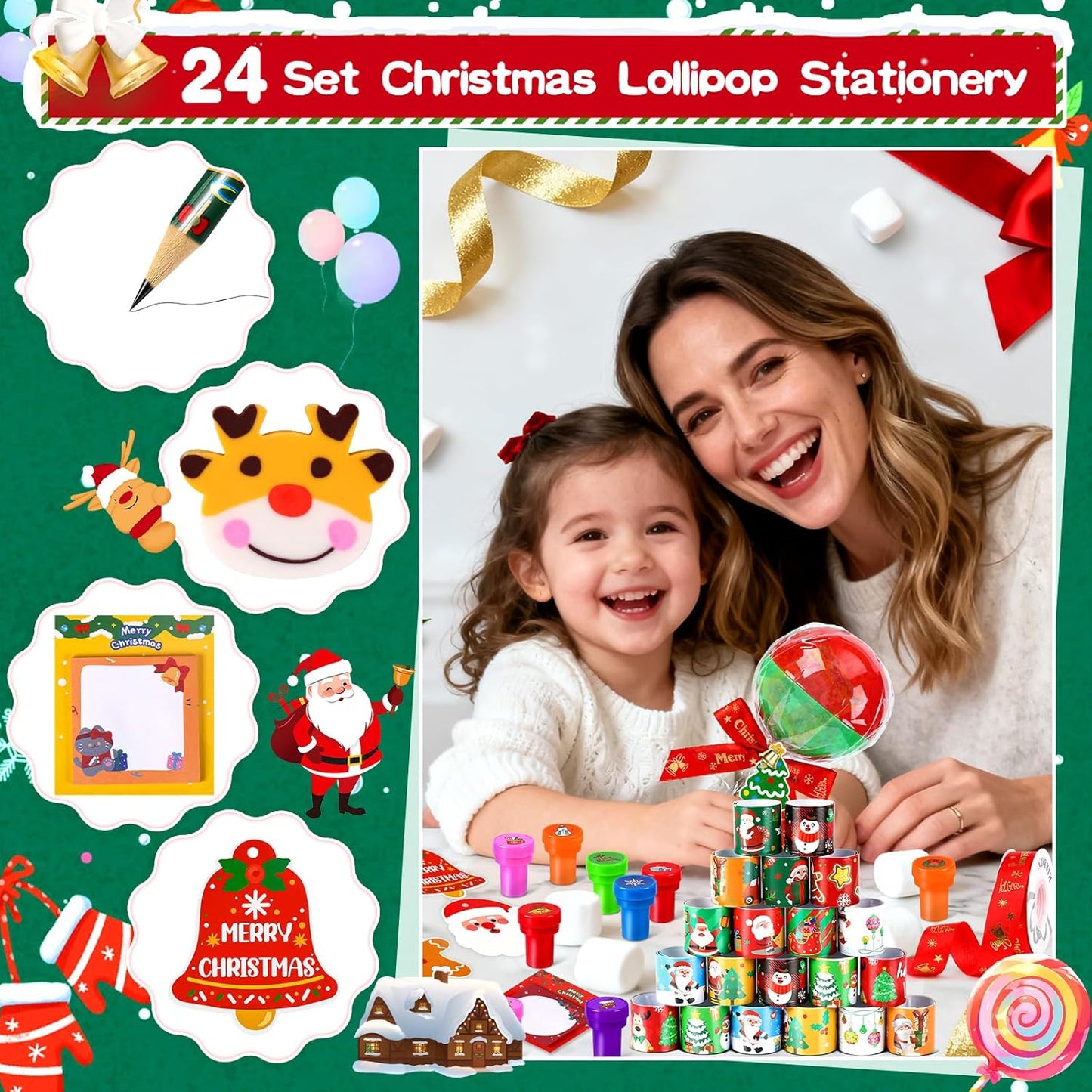 216Pcs Giant Lollipop Christmas Classroom Gifts for Kids, 24 Set Giant Lollipop with Pencils, Stickers, Erasers for Classroom School Exchange Christmas Party Favors Supplies