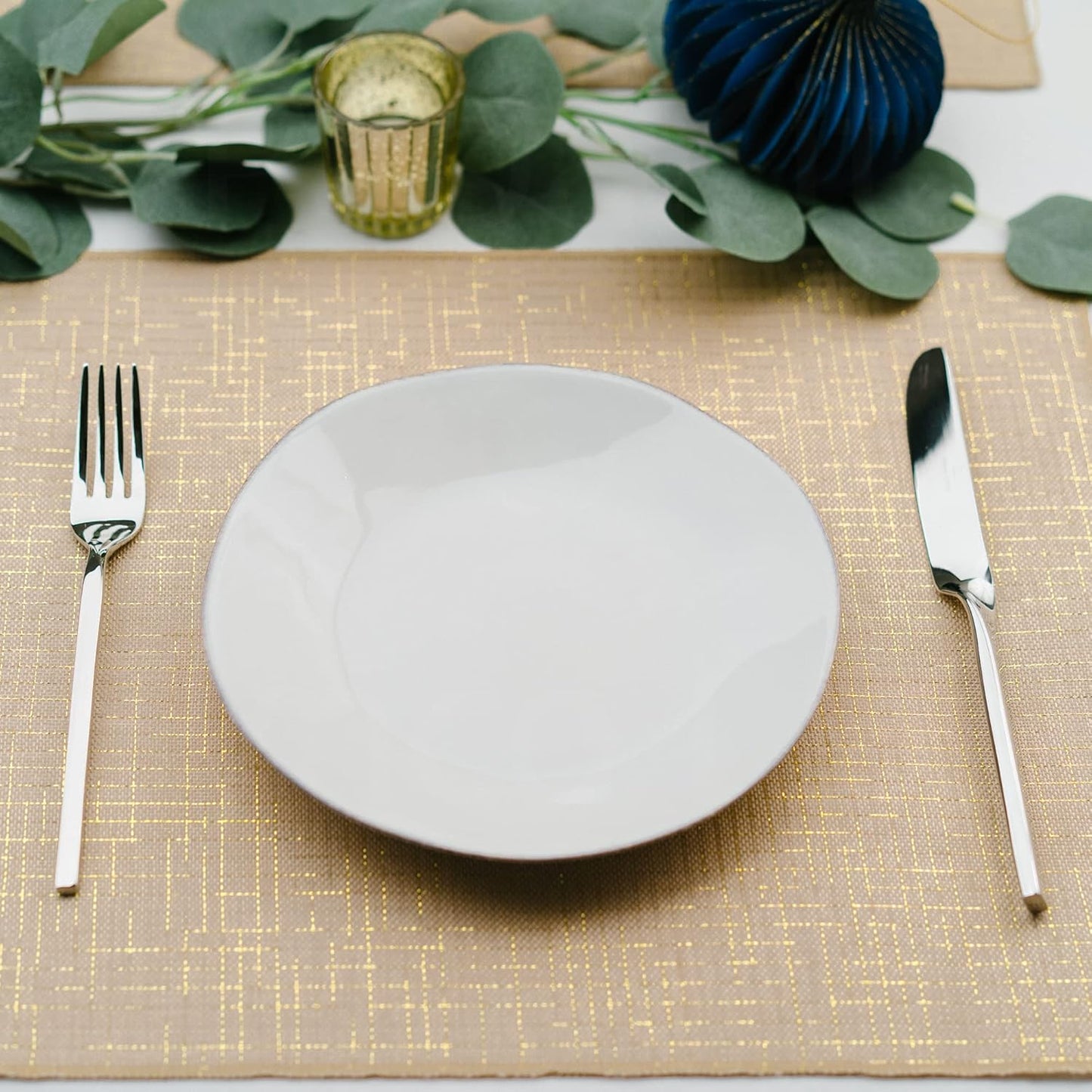 PapaKit Faux Burlap Glitzing Dinning Table Placemats (Set of 6) for Holidays, Wedding Decoration, Parties and Special Events Natural with Metallic Gold Stripes