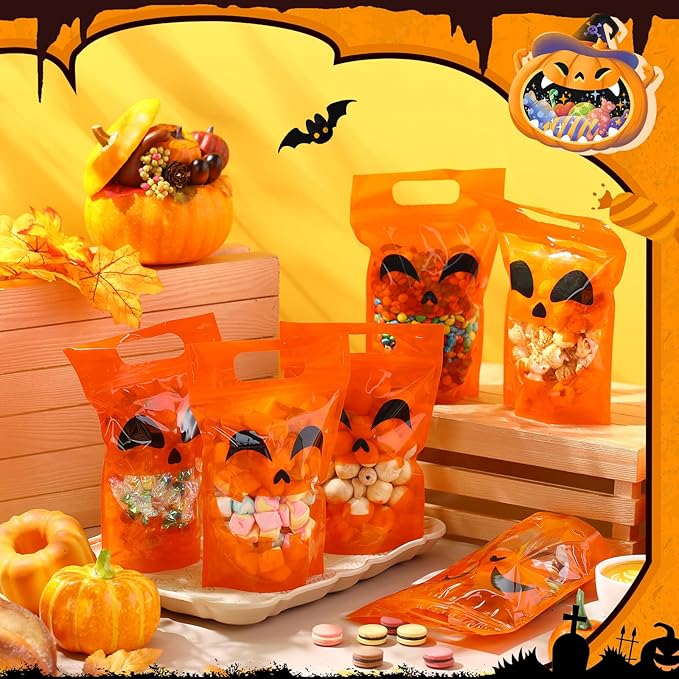 Blosssound 50 Pcs Halloween Plastic Bags Trick or Treat Sealed Bags with Handles Pumpkin Favor Pouches for Home Trick or Treat Party Candy Guests Gift Wrapping Supplies Decor (Halloween)