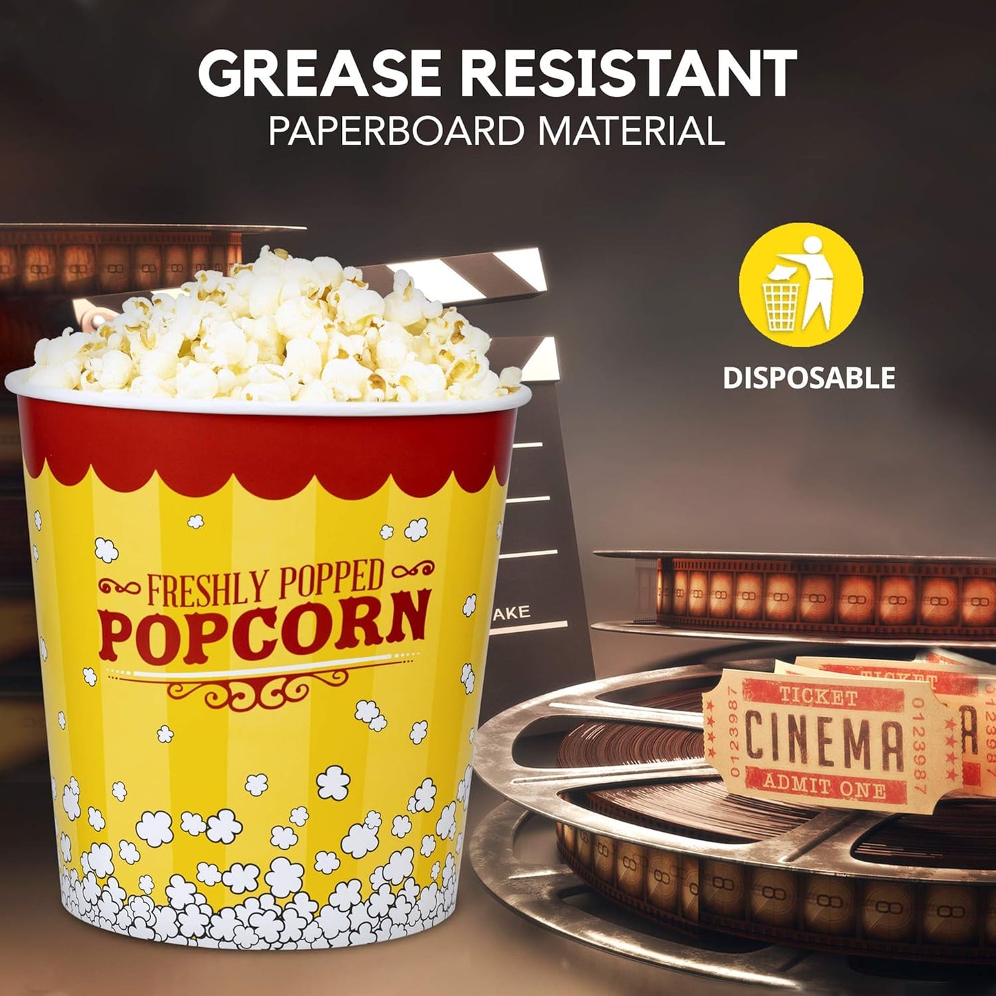 Fit Meal Prep 150 Pack Large Popcorn Buckets Disposable, 130 Oz Yellow and Red Paper Popcorn Containers Tubs for Home and Theater Movie Night