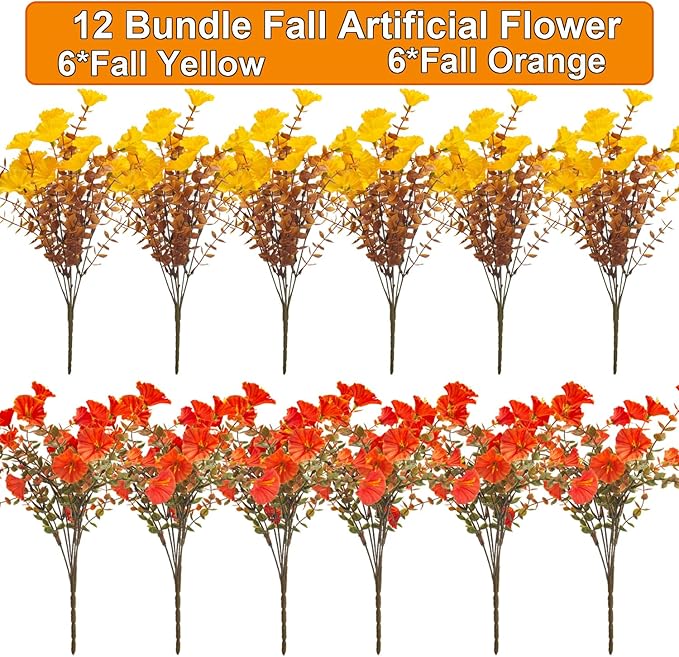 Artificial Flowers Outdoor Fall Decor - 12 Pcs UV Resistant Fade Proof Fake Plants for Garden Porch, Thanksgiving Autumn Decorations, Waterproof for All Weather