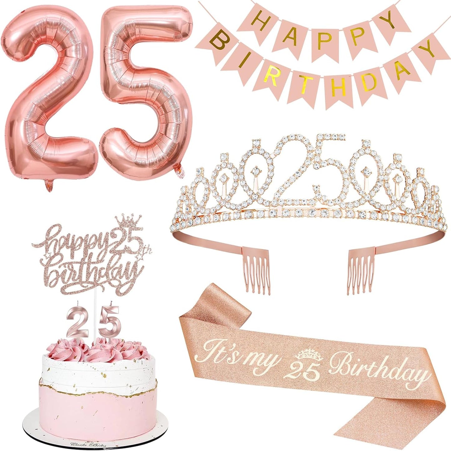 25th Birthday Decorations for Women, Including 25th Tiara and Sash, Happy Birthday Banner, Cake Toppers, Number Candles and Balloons Set, Rose Gold