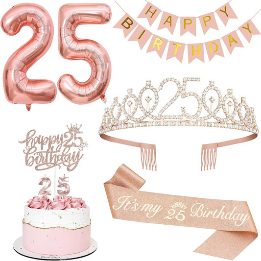 25th Birthday Decorations for Women, Including 25th Tiara and Sash, Happy Birthday Banner, Cake Toppers, Number Candles and Balloons Set, Rose Gold