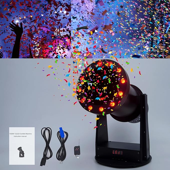 12LED Confetti Launcher, 1500W High-Power Fan, Remote Control, 8-10m Blowing Height