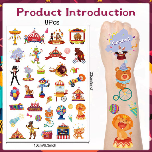 Carnival Circus Temporary Tattoos - 200+ Circus Themed Party Decorations Carnival Tattoos Stickers Circus Party Favors Gifts Funny Clown Tattoos Temporary Kids Party Supplies Rewards Prizes