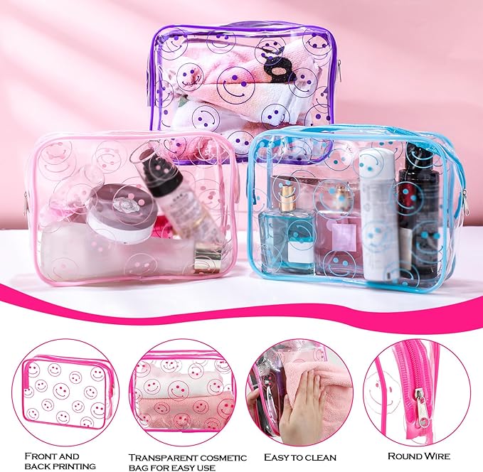 Cunno 6 Pcs Makeup Bags Gifts for Women Preppy Boho Smile Face Flamingo Clear Makeup Bags Cosmetic Transparent PVC Travel Toiletry Organizer for Birthday Party Favor(Smile Style)