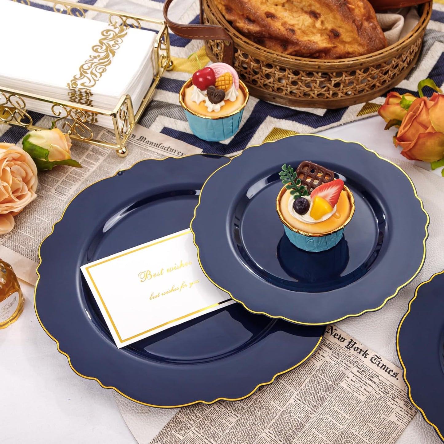 WDF 100pcs Blue Plastic Plates - Baroque Blue&Gold Disposable Plates for Parties/Wedding-50Plastic Dinner Plates 10.25in, 50Salad Plates 7.5in