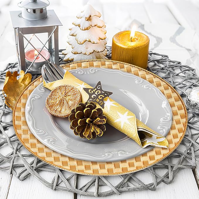 12 Pack Reusable Gold Charger Plates, 13 Inch Round Plastic Dinner Chargers, Decorative Centerpiece Plates for Home Decor, Thanksgiving, Christmas (Checkered Gold, 12 PCS)