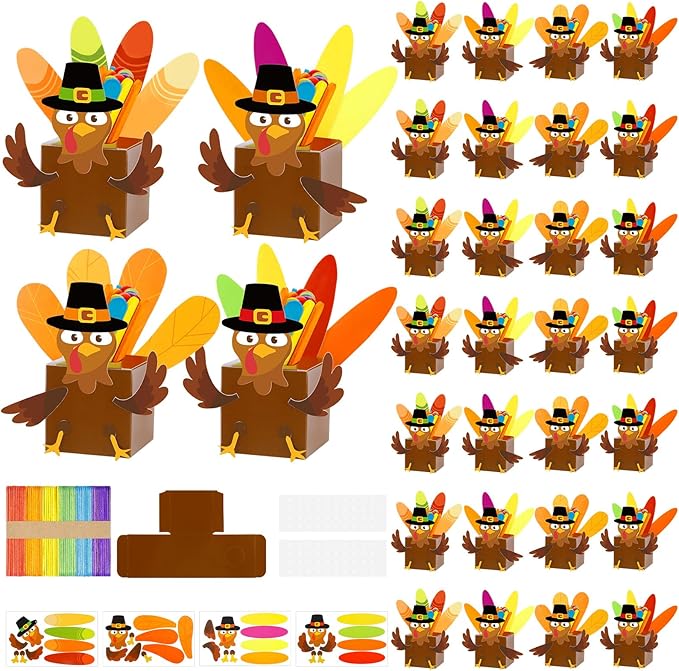 FULAIERGD 32 Set Fall Thankful Turkey Craft Kit - Fall DIY Turkey Paper Boxes Thanksgiving Turkey Jar Craft Gratitude Prayer Turkey Jar Christian Party Favor for Fall Activities Home Party Supplies