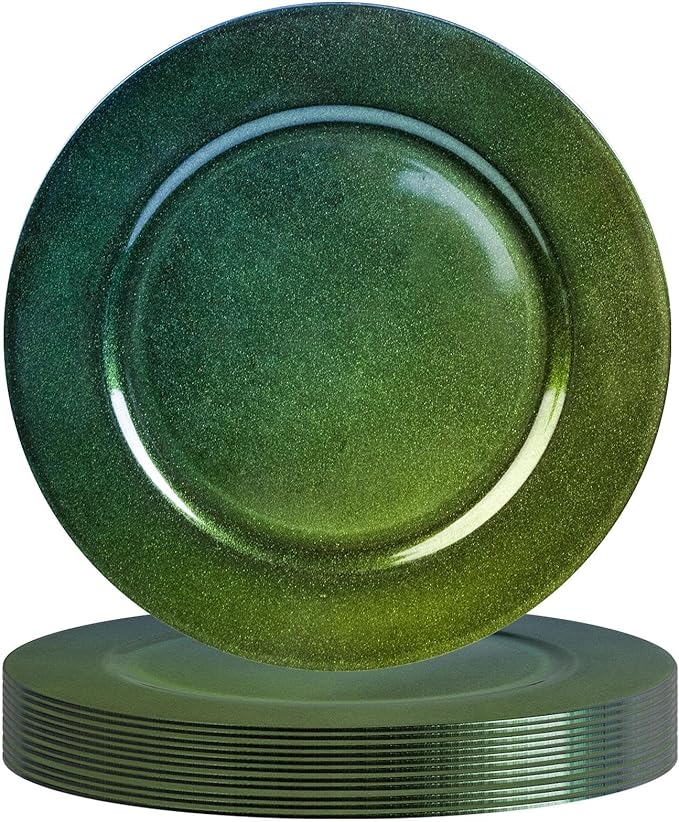 MAONAME Laser Green Charger Plates Set of 12, 13" Round Plate Charger for Dinner Plates, Glitter Plastic Plate Chargers, Table Chargers for Wedding Decor, Party