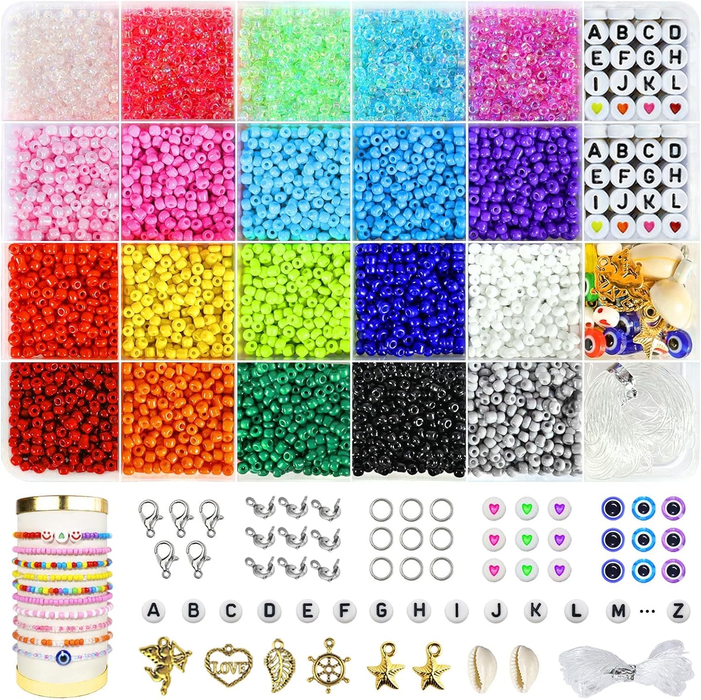 Redtwo 7200pcs 3mm Glass Seed Beads for Bracelet Making Kit, Friendship Jewelry Making Kit, Letter Beads with Elastic String, DIY Art Craft Girls Gifts.