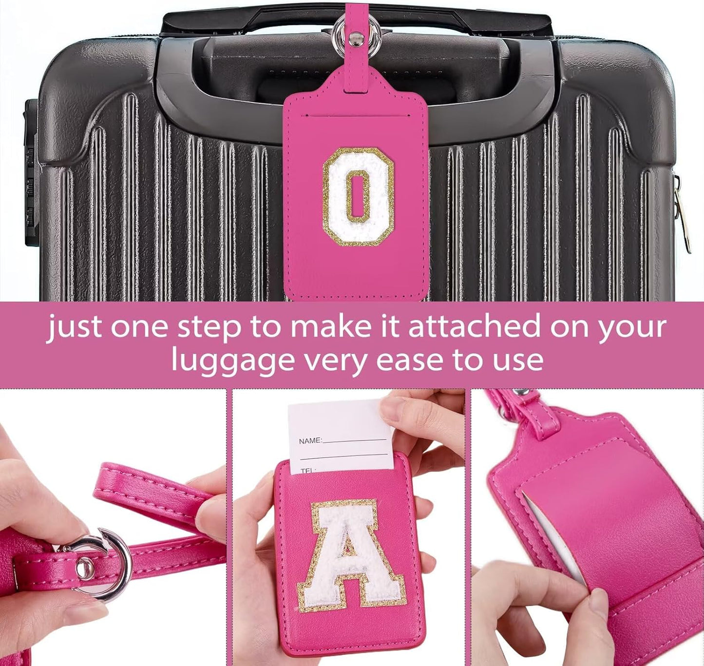 Personalized Initial Luggage Tags for Suitcases, Leather Chenille Letter Cute Luggage Tags with Privacy Name Card, Embroidered Travel Bag Backpack Tags Gifts for Women Kids Girls Teens(Rosered-O)