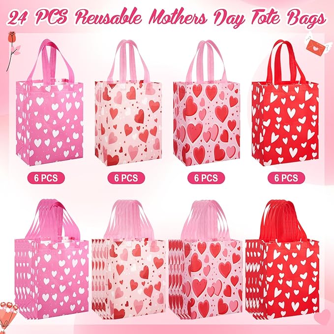 Wesnoy 24 Pcs Valentine's Day Tote Bags Bulk with Handle Heart Reusable Treat Gift Bags Non Woven Gift Wrap for Valentine's Day Wedding Birthday Party Favor Supplies