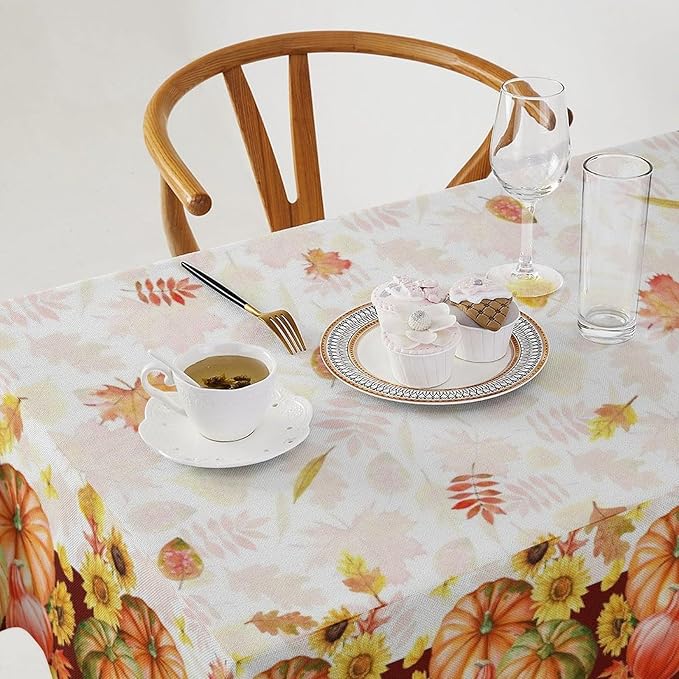 Autumn Thanksgiving Pumpkin Tablecloth, Vintage Retro Maple Leaves Watercolor Yellow Sunflower Fall Harvest Table Cover for Party Picnic Dinner Kitchen 60x90 Inch Rectangle